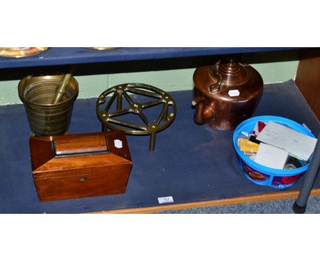 A quantity of coins; a copper kettle on stand; a brass mortar and pestle; a tea caddy; a picnic basket; and a metal travellin