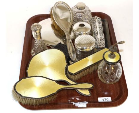 Four piece silver and enamel dressing table set; together with various other silver backed and topped dressing table items an