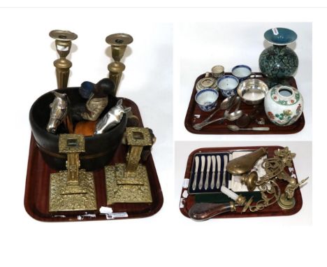 Miscellaneous items including a coopered oak planter, Union Jack, silver handled tea knives, shot flasks, Chinese ceramics (a