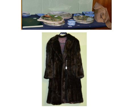 A pair of Second World War binoculars in canvas case; a Coney fur full length coat; twelve Royal Doulton collector's plates w