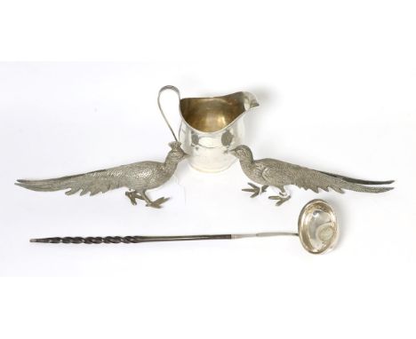 A Georgian style silver cream jug, GH, Sheffield, 1930; together with a toddy ladle with inset George III coin and pair of ta