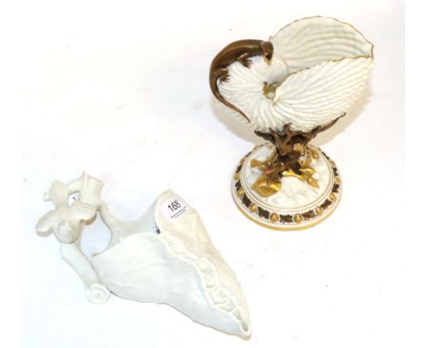 A Royal Worcester leaf and bird form wall pocket together with a Royal Worcester nautilus shell and lizard form vase (a.f.)