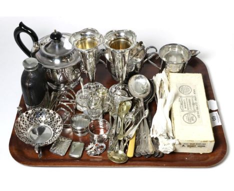 A pair of silver posy vases; a silver vesta case; a silver napkin ring;  sugar tongs and toast rack; together with a group of