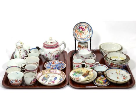 A collection of Chinese Qing Long porcelain including tea pot, tea bowls, saucers etc