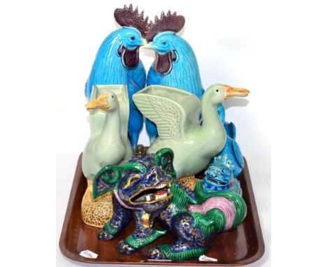 A group of 20th century Chinese ceramic animal models including a dog of fo form lamp