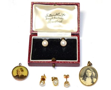 A pearl earrings and pendant suite, the earrings with post fittings, stamped '750'; a pair of cultured pearl earrings with sc