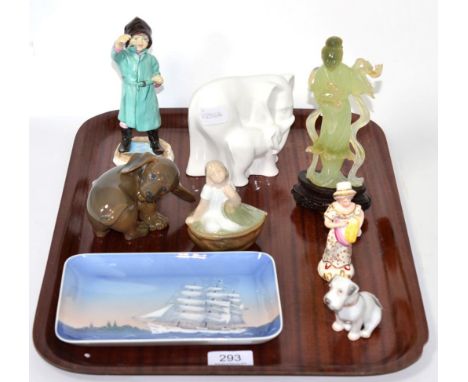 A Bing and Grondahl dish; a dog; a Royal Copenhagen dog and figure; a Staffordshire miniature figure; a Doughty February figu