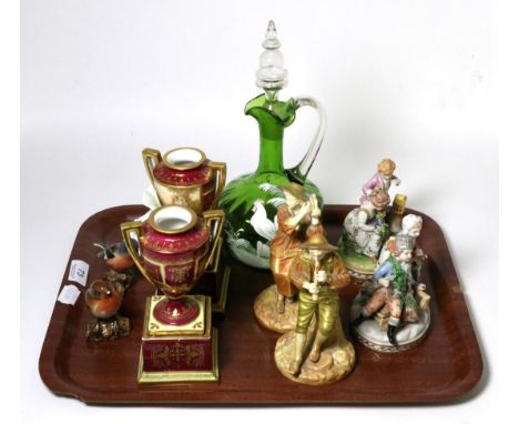 A pair of Dresden ceramic figure groups Winter/Spring; a pair of Worcester figures (a.f.); a pair of Vienna ceramic urns; Mar