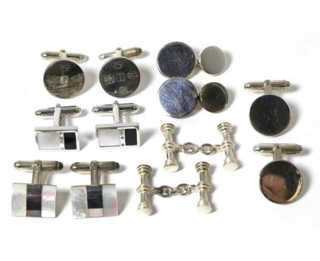 Six pairs of silver cufflinks, including a pair inset with mother-of-pearl, onyx and three diamonds, to rectangular plaques, 