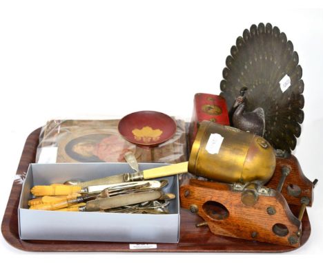 Various items including a barometer in the form of a mortar (a.f.) a brass and niello work peacock and other items (qty)