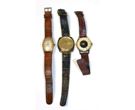 A gents gilt metal wristwatch signed Omega De Ville, with day/date aperture together with an Ingersoll gents wristwatch and a