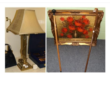 Two walking sticks, brass table lamp and a gilt framed oil 