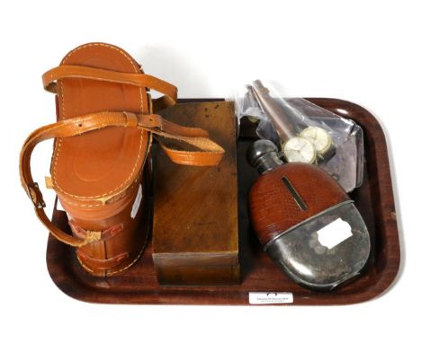 A boxed monocular microscope, pair of binoculars, a silver pin dish, two wristwatches, a hip flask and pocket knife (7)