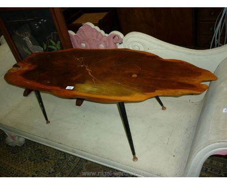 A rustic tree-trunk slice Yew wood occasional Table/coffee table, the top 49" x 17 1/4" and 16 3/4" high approx.