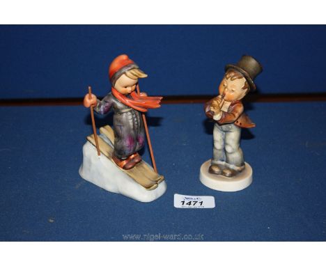 Two Hummel figures - a boy skier, and a boy blowing a trumpet (second as found, with chip) 