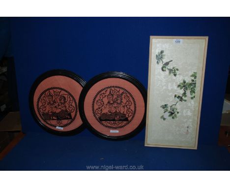 A pair of Balinese cutwork panels mounted and framed with an oriental print.