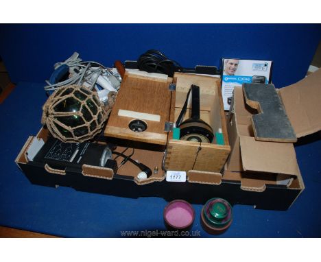 A quantity of miscellanea including Aviators lightweight coms headgear,mariners hand held compass with illuminator, radio dir