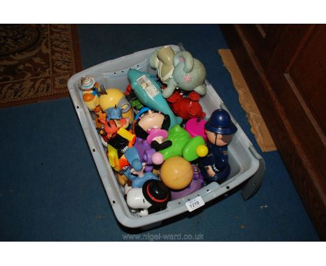 A box of empty bath and shower foam containers including Mr Tickle, Minions, Tigger, Thomas the Tank Engine, Snoopy etc