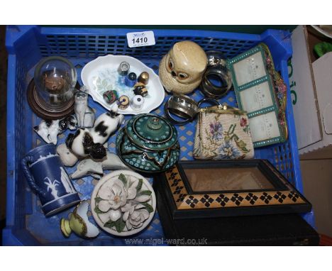 Miscellaneous china including pin dishes, a Country Artists owl, small Meissen dish/egg cup, picture frame, tapestry purse, p