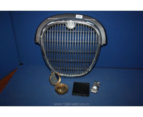 A Jaguar S Type replacement grill, brass military march compass, novelty sports car clock etc