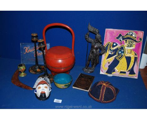 Miscellaneous items to include a Chinese wooden picnic basket, ceramic mask, painted candlesticks, cloisonne bowl, etc.,