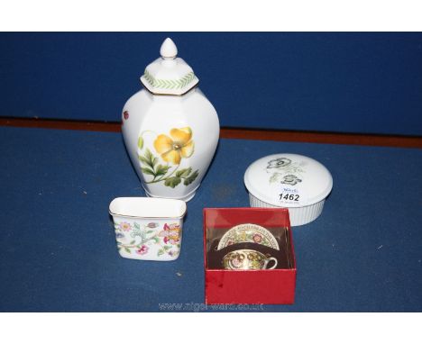 A Spode lidded vase, miniature commemorative cup and saucer and Wedgwood trinket pot etc.