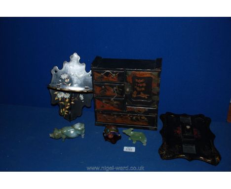 Assorted box oriental artifacts including writing stand, jewellery chest, black folding shelf, pig and water buffalo, enamell