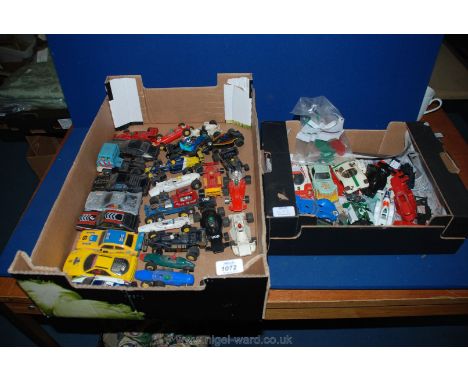 A quantity of Scalextric Racing cars including Stick Shifter, a yellow Ferrari, a Rebel Rig lorry cab; together with miscella