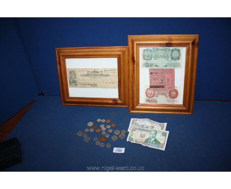 A framed US First National cheque, 1914, ration book 10/- and £1 note also framed and Kenyan banknotes, coins etc