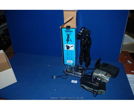Three cameras including underwater Snap Sights, Olympus Allweather, Miranda MDS1 and a Velbon mini tripod.