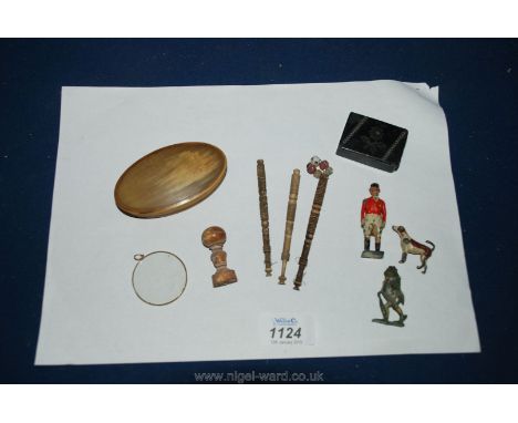 An oval horn and bone Snuff Box, a papier mache snuff box (some damage), a Britains painted lead figure of a Huntmaster and h