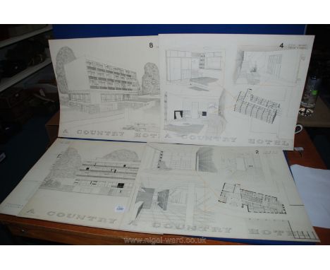 Five pen and ink Architectural Designs on card of a Country Hotel, dated 1953. Each 45 x 57cms.