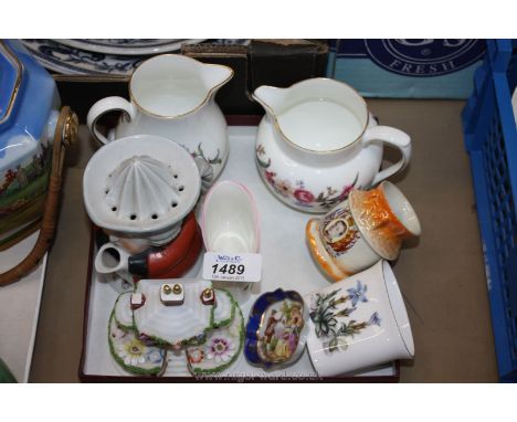 Two Wedgwood milk jugs, two Royal Worcester trinket pots, a Coalport 'Keepers Cottage,' a lemon squeezer in a Toby Jug etc