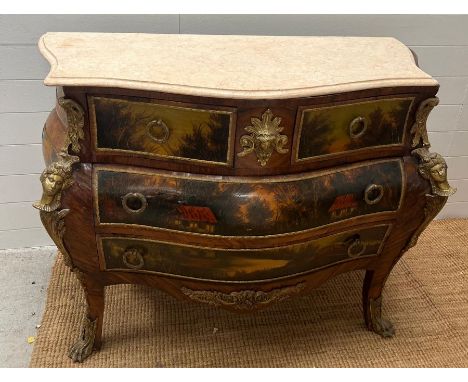 A Venetian or Louis style commode with bombe form and marble top (H100cm W120cm D55cm)