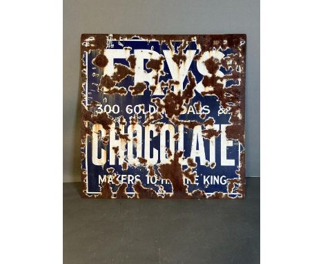 A vintage blue and white enamel sign for Frys Chocolate AF 61x61