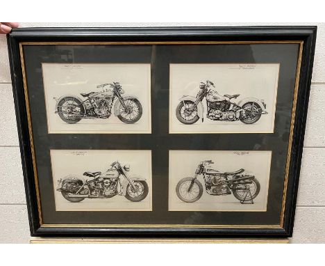 A print of four Harley Davidson motorbikes in one frame 