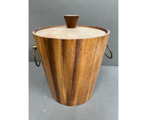 A Mid Century teak ice bucket with brass ring handles (H28cm)
