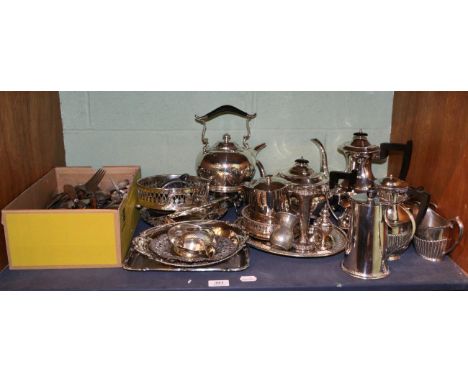 A quantity of silver plate including four piece tea service, spirit kettle, flatware etc