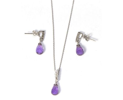 An 18 carat white gold amethyst and diamond earring and necklace set, total estimated diamond weight of the earrings 0.15 car