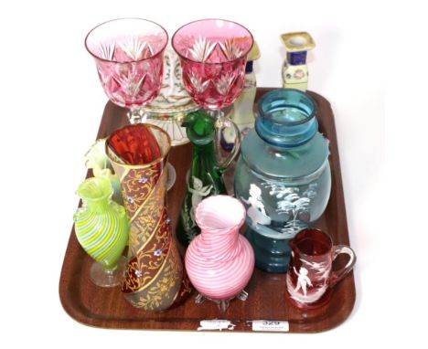 A group of Victorian Mary Gregory style glass and other glass and ceramics including floral encrusted wares, rooster models, 