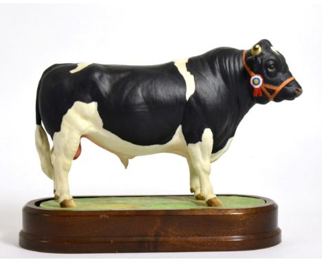 Royal Worcester British Friesian Bull ''Terling Trusty'', model No. RW3746 by Doris Lindner, on wooden plinth