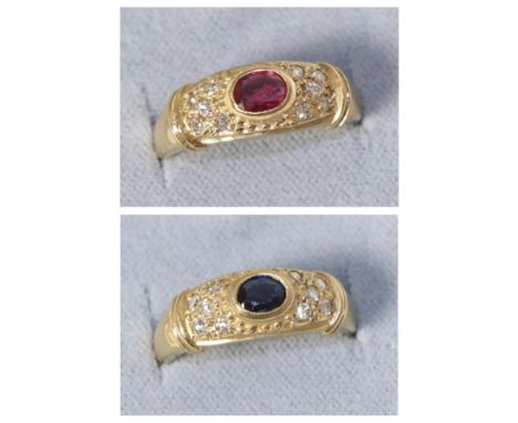 A 9 carat gold ruby and diamond set ring, total estimated diamond weight 0.20 carat approximately, finger size O and a sapphi