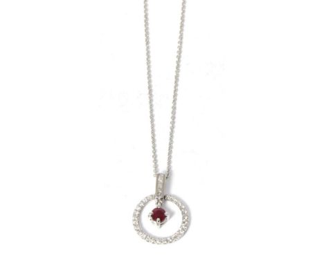 A ruby and princess cut diamond pendant on chain, total estimated diamond weight 0.30 carat approximately, pendant measures 2