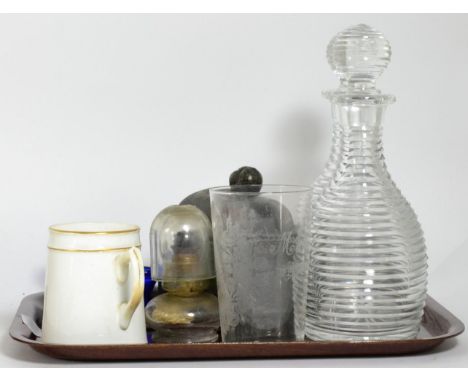 Pair of 19th century ribbed decanters; a Georgian pewter tea caddy; Victorian mug ''Present from York''; a Georgian white met