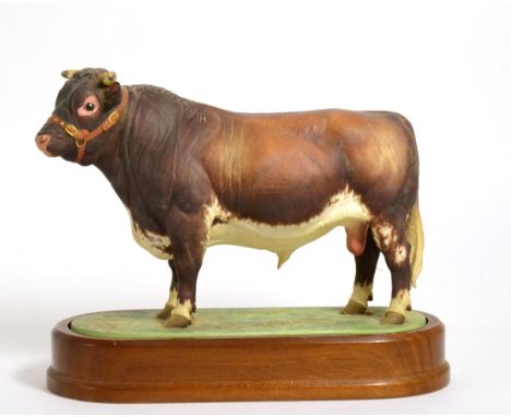Royal Worcester Dairy Shorthorn Bull ''Royal Event'', model No. RW3781 by Doris Lindner, on wooden plinth