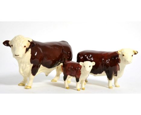 Beswick Cattle Comprising: Polled Hereford Bull (with ringed nose), model No. 2549A, Hereford Cow, model No. 1360 and Herefor