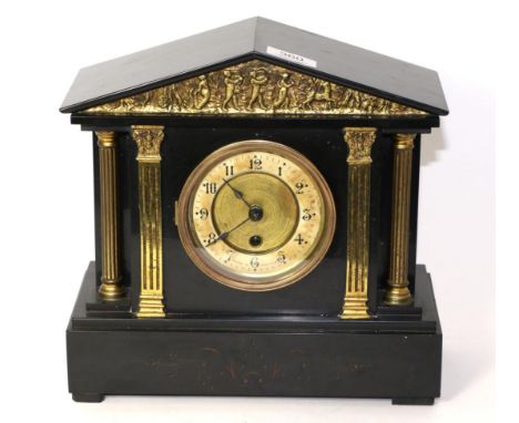 A Victorian black slate mantel clock of Neo-Classical architectural form, gilt mounts, Arabic dial, French single train movem