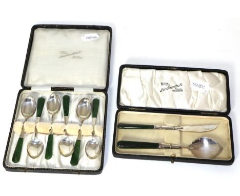 A set of six sterling silver and 'jade' handled coffee spoons, by Stewart Dawson & Co, New Zealand, cases; together with a si