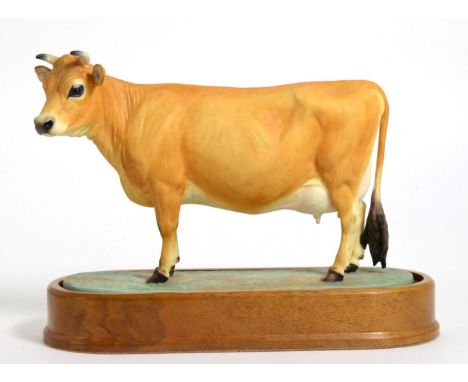 Royal Worcester Jersey Cow ''Bramley Zenora'', model No. RW3689 by Doris Lindner, on wooden plinth