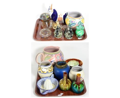 A group of 20th century pottery and glass including Linthorpe vases, Wedgwood lustre bowls, Poole jugs and vases, model of a 